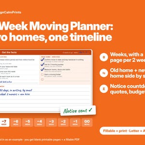 Puede incluir: Un planificador de mudanzas de 8 semanas sobre un fondo naranja. El documento presenta un diseño de dos columnas para el hogar antiguo y el nuevo, una línea de tiempo de cuenta regresiva semanal de -8 a GO, y secciones para notas y presupuesto. Texto: 8-Week Moving Planner: two homes, one timeline.