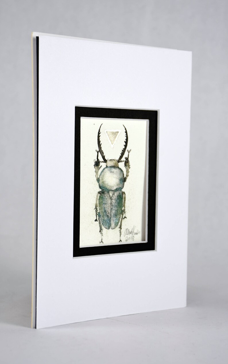 lamprima adolphinae ready to fit in 5x7 frame Beetle original ink painting with silver leaf and metallic pigment