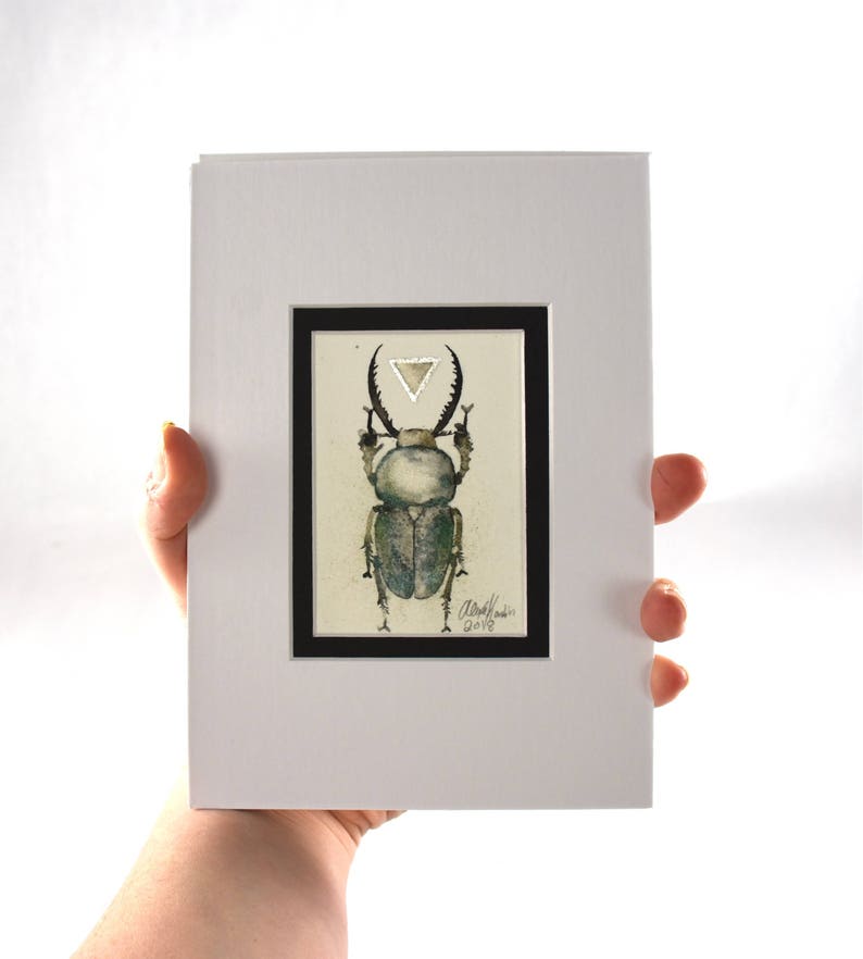 lamprima adolphinae ready to fit in 5x7 frame Beetle original ink painting with silver leaf and metallic pigment