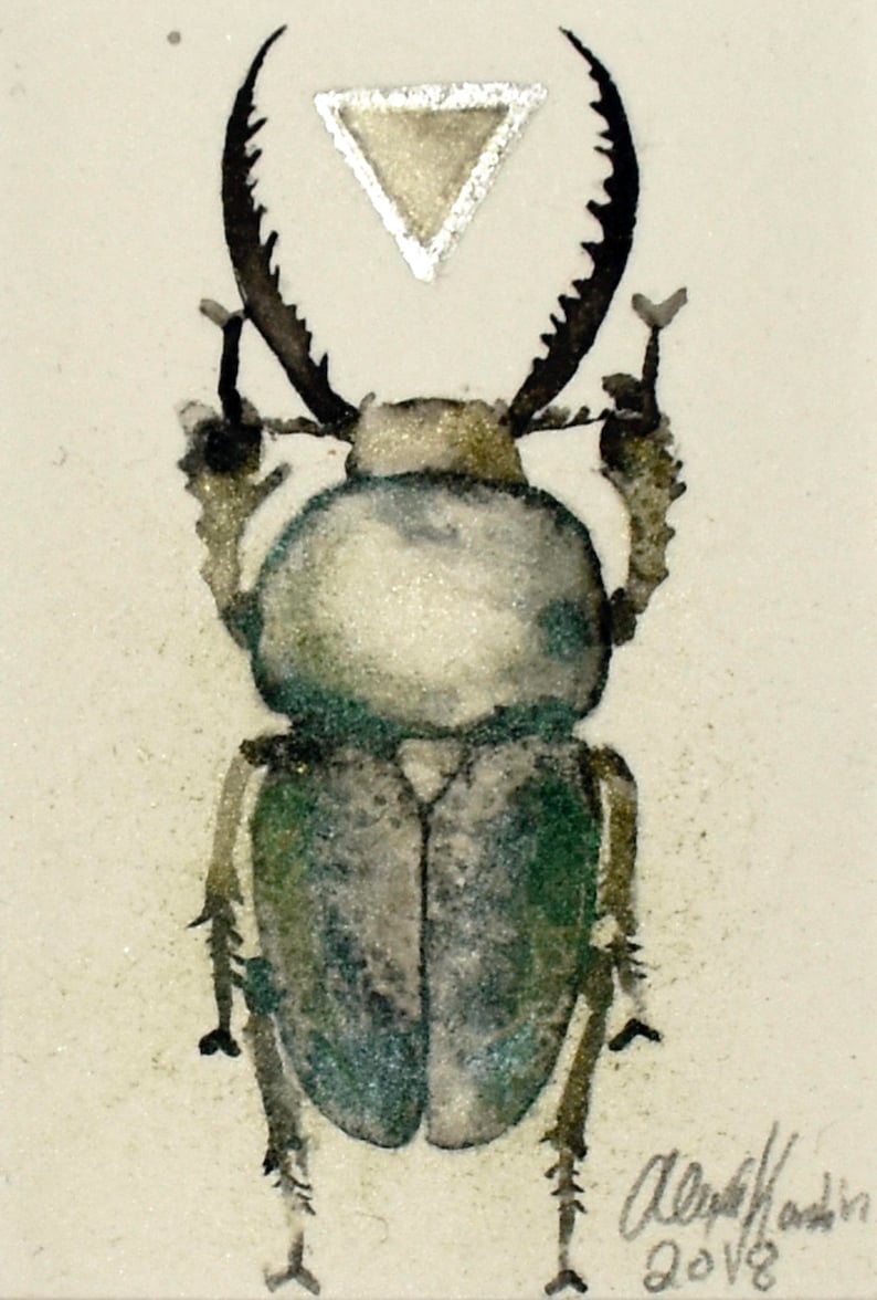 lamprima adolphinae ready to fit in 5x7 frame Beetle original ink painting with silver leaf and metallic pigment