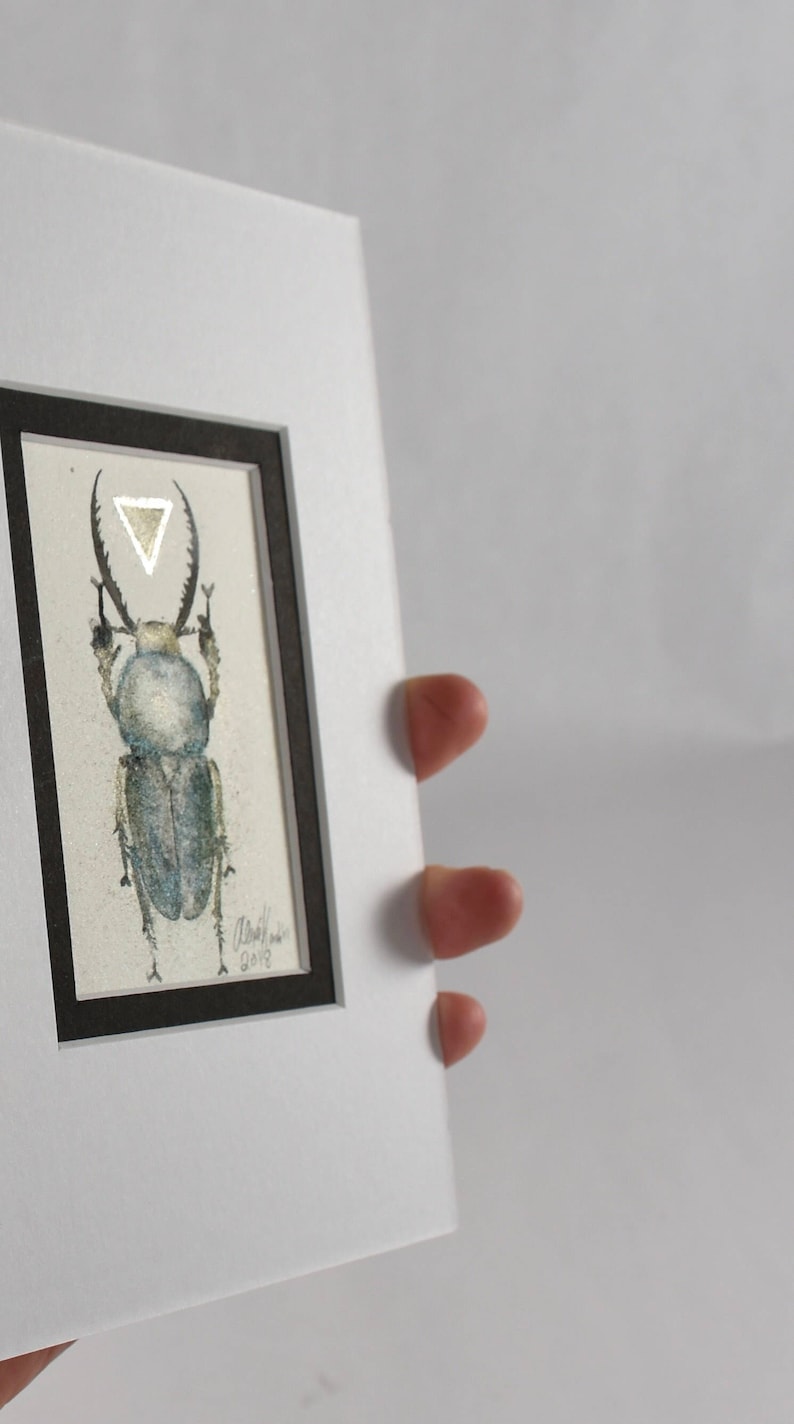 lamprima adolphinae ready to fit in 5x7 frame Beetle original ink painting with silver leaf and metallic pigment