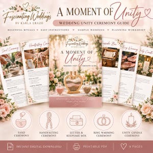 Könnte beinhalten: Ein digitaler Hochzeits-Einheitszeremonie-Leitfaden mit dem Titel A Moment of Unity von Fascinating Weddings by Karla Erazo. Das druckbare PDF umfasst neun Seiten mit Anleitungen für Sand-, Handfasting-, Schatzkästchen-, Ringwärm- und Einheitskerzenzeremonien.
