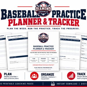 Op de afbeelding: Een digitale honkbaltrainingsplanner en tracker-set met 16 printbare pagina's. Het ontwerp bevat een logo met een honkbal en knuppels, getiteld Baseball Practice Planner & Tracker, met secties voor wekelijkse prioriteiten, dagelijkse plannen en spelersvoortgang.