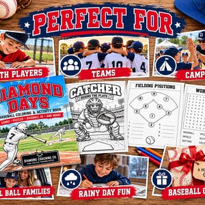 Op de afbeelding: Een Diamond Days honkbal kleur- en activiteitenboek met een illustratie van een slagman op de kaft, naast pagina's met een vanger, veldposities en een woordzoeker, omringd door thematische honkbalafbeeldingen en bijbehorende teksten.