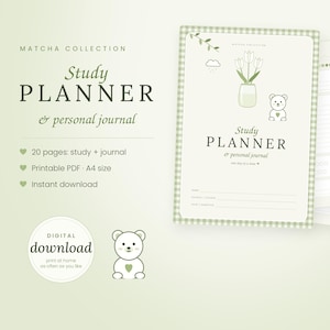 Pode incluir: Um planejador de estudos e diário pessoal digital com uma borda xadrez verde claro. A capa apresenta um vaso de tulipas, um pequeno urso e o texto "MATCH A COLLECTION Study PLANNER & personal journal". Inclui layouts de páginas adicionais.