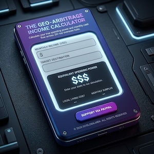 May include: A dark blue and purple digital device displaying The Geo-Arbitrage Income Calculator interface. The screen features input fields for monthly income and target destination, with a button labeled Support Via PayPal at the bottom.