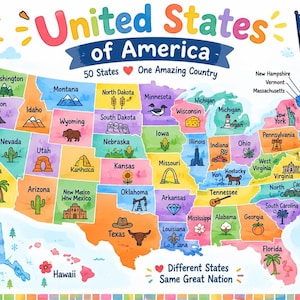 USA Map Printable for Kids, Colorful 50 States Educational Poster