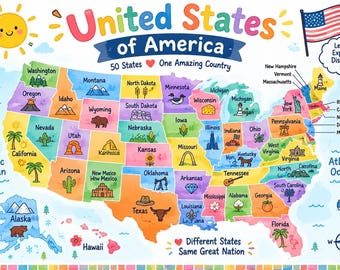USA Map Printable for Kids, Colorful 50 States Educational Poster