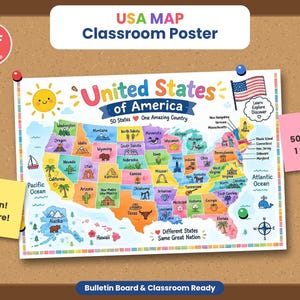 USA Map Printable for Kids, Colorful 50 States Educational Poster