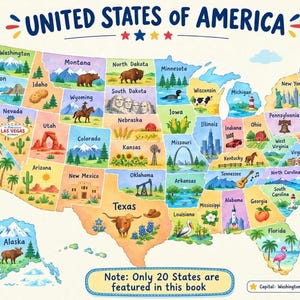 May include: A colorful illustrated map of the United States of America featuring state names, regional landmarks, animals, and plants. The map includes the Pacific and Atlantic Oceans, a compass rose, and a note stating only 20 states are featured.