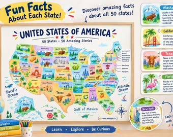 USA Map Printable, Colorful 50 Geography Poster, 11 × 8.5 Inch PDF