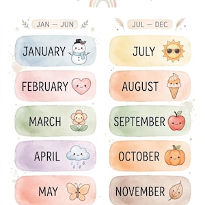 Pastel Months Chart, 12-Month Kids Learning Poster for Toddler Calendar