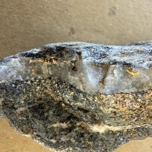 May include: A raw rock specimen featuring a prominent horizontal band of translucent white quartz embedded with small, metallic gold-colored flecks, contrasted against a rough, dark gray and speckled tan granite-like base.