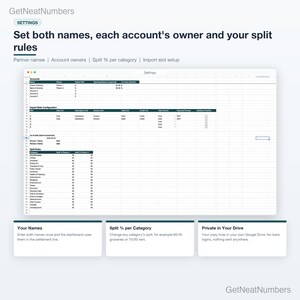Settings sheet of the couples budget: accounts and owners, import slot setup, both partners' names and per-category split percentages.