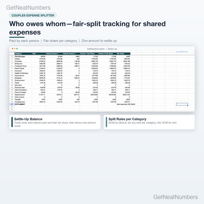Couples budget spreadsheet in Google Sheets: Settle Up sheet with each category's total, amount paid by each person, fair shares and the final who-owes-whom settlement.