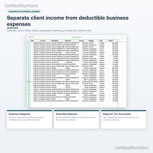 Business transactions ledger: imported bank transactions from a business account, including client payments, payment processor transfers and expenses, with categories.