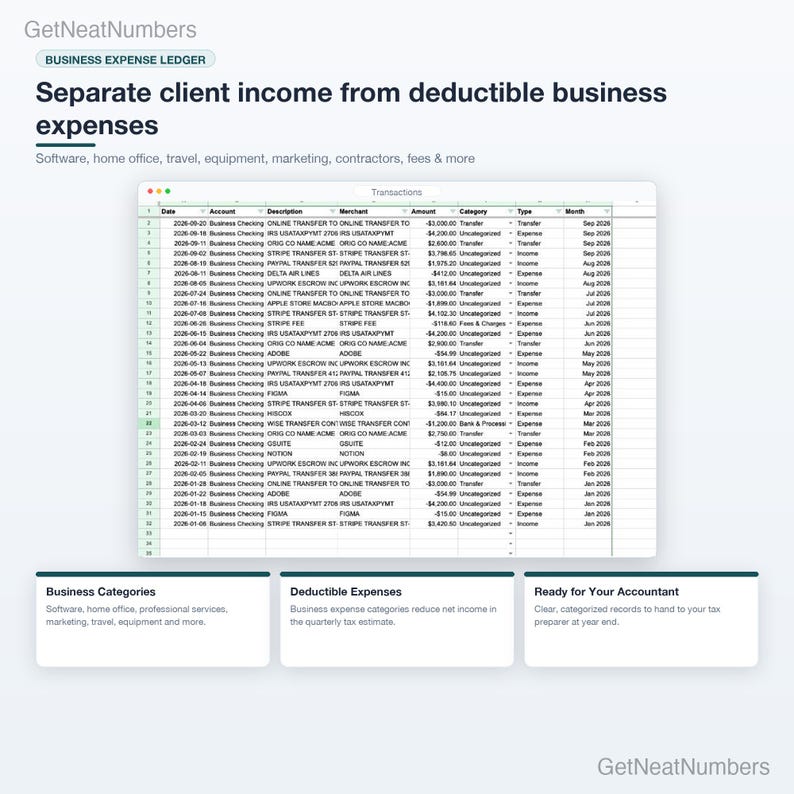Business transactions ledger: imported bank transactions from a business account, including client payments, payment processor transfers and expenses, with categories.