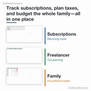 Subscriptions renewal calendar, Freelancer tax set-aside and Family budget planner from the Google Sheets bundle.