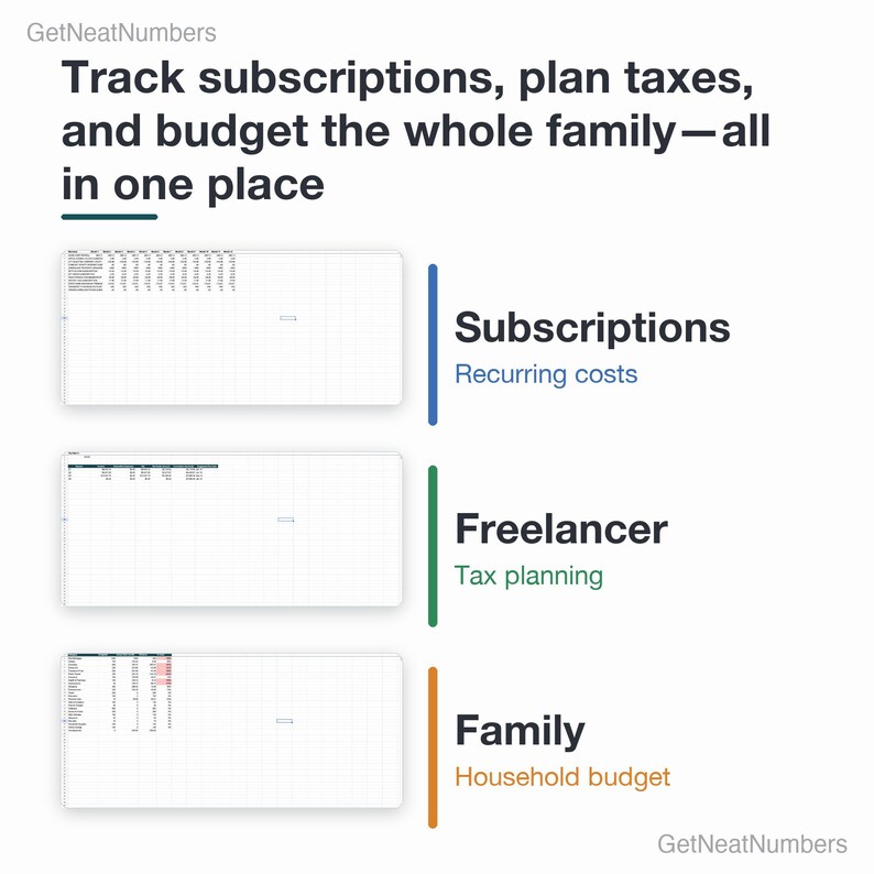 Subscriptions renewal calendar, Freelancer tax set-aside and Family budget planner from the Google Sheets bundle.