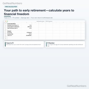 FIRE calculator in Google Sheets: inputs for current net worth, expected return, annual spend in retirement and safe withdrawal rate; outputs FI number, savings rate and years to FI.