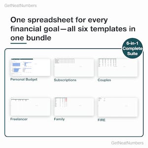 Budget spreadsheet bundle: six Google Sheets templates shown together — Personal Budget, Subscriptions, Couples, Freelancer, Family and FIRE.