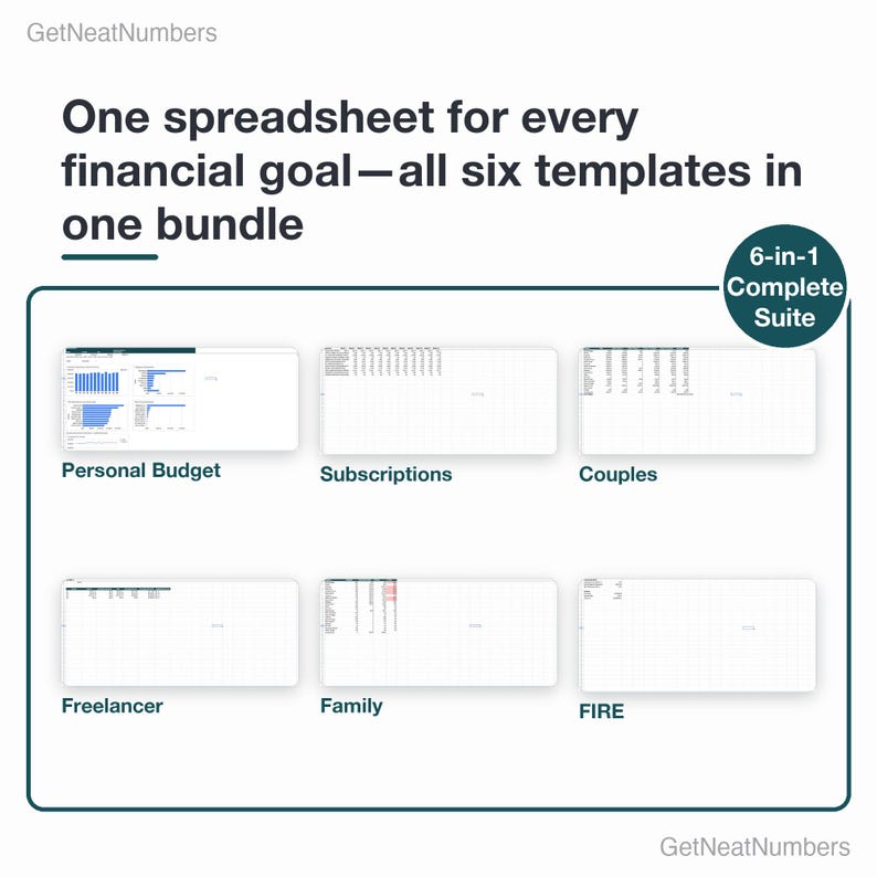 Budget spreadsheet bundle: six Google Sheets templates shown together — Personal Budget, Subscriptions, Couples, Freelancer, Family and FIRE.