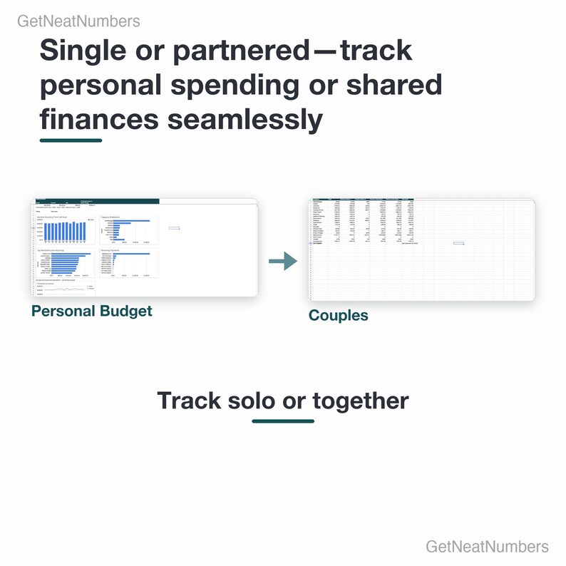 Personal Budget dashboard and Couples Settle Up sheet side by side: track spending solo or split shared finances.