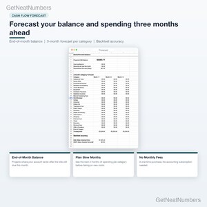 Forecast sheet for freelancers: projected end-of-month balance and a 3-month forecast per business and personal category.