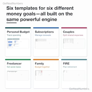 Grid of the six bundle templates, each with its main sheet: track spending, manage renewals, split shared expenses, set aside taxes, budget together, plan retirement.
