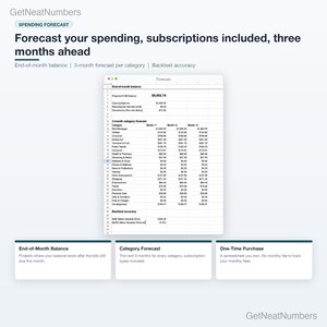 Forecast sheet of the subscription tracker: projected end-of-month balance and a 3-month forecast per category, including subscription categories.