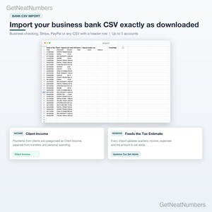 Import sheet of the freelancer tracker: a business bank CSV pasted in exactly as downloaded, header row included.