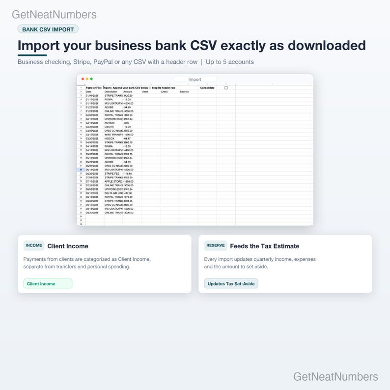 Import sheet of the freelancer tracker: a business bank CSV pasted in exactly as downloaded, header row included.