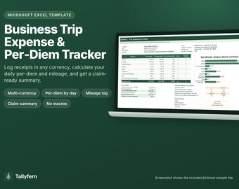 Business Trip Expense Tracker, Per Diem Calculator, Travel Reimbursement Spreadsheet, Mileage Log, Excel