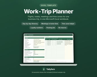 May include: A digital Excel template for a Work-Trip Planner displayed on a laptop screen. The interface includes sections for trip details, a day-by-day itinerary, meetings, time zone helpers, loyalty numbers, and a packing list in a workbook.