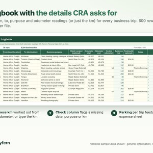May include: A digital logbook spreadsheet template titled SAMPLE - Logbook with columns for date, location, purpose, and odometer readings. The document includes 600 rows for business trip tracking, featuring a dark green header and white rows.