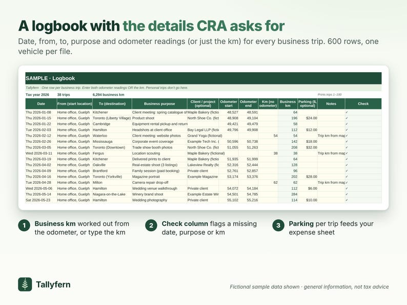 May include: A digital logbook spreadsheet template titled SAMPLE - Logbook with columns for date, location, purpose, and odometer readings. The document includes 600 rows for business trip tracking, featuring a dark green header and white rows.