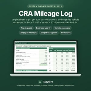 May include: A digital CRA Mileage Log template for Excel and Google Sheets 2026 on a laptop screen. The interface displays a summary table with columns for month, trips, business kilometres, vehicle costs, and running costs on a dark green background.