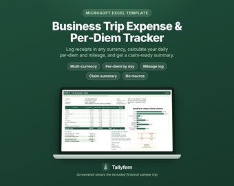 May include: A Microsoft Excel template for a Business Trip Expense & Per-Diem Tracker on a laptop screen. The dark green background features text describing features like multi-currency, per-diem by day, mileage log, and claim summary. The Tallyfern logo is visible.