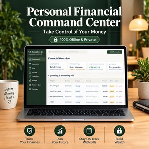 May include: A laptop displaying a Personal Financial Command Center dashboard with financial overview data, upcoming bills, and navigation menus. The screen shows text including UK Template Co, Financial Overview, and 100% Offline & Private.