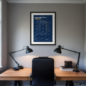 May include: A framed wall art print featuring a dark blue background with a white technical line drawing of a tablet. The text reads ANATOMY OF A TABLET and D2 LAB. The print is displayed in a black frame and is centred on a light grey wall.