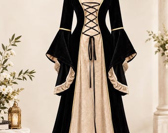 May include: A floor-length dress featuring a black velvet bodice and sleeves with a beige center panel. The garment includes long flared sleeves with beige trim, a square neckline, and a black lace-up corset detail on the front.