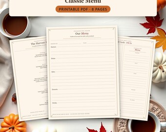 Thanksgiving Menu Printable with Fill-In and Classic Dinner Menus, 4x9 Menu Cards, Friendsgiving Menu and Buffet Food Labels