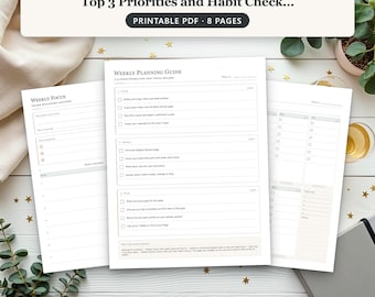 Weekly Goal and Habit Planner Printable with Undated Top 3 Priorities and Habit Checkboxes, A5 Binder Insert, A4 and US Letter PDF