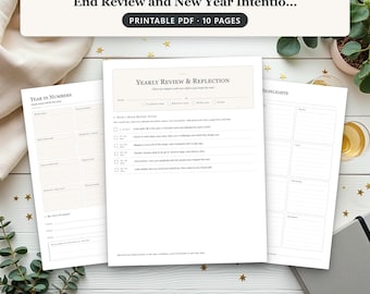 Year End Review Printable Pages for Yearly Reflection and New Year Intentions, Undated PDF Workbook in Letter, A4 and A5
