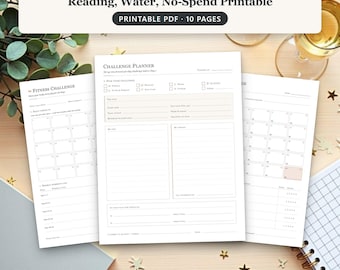 30 Day Habit Tracker Challenge Set for Fitness, Reading, Water and No-Spend, Printable Challenge Planner PDF in A4, A5 and Letter