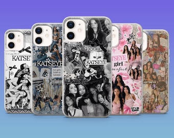 May include: Five clear smartphone cases featuring collage-style designs with black and white or pink-toned photo prints of the group KATSEYE. The cases display various text elements including KATSEYE, girl perfect, and star girl, alongside graphic patterns.