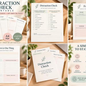 May include: A four-page printable productivity planner set titled Distraction Check, Focus Reset, and Return to One Thing. The pages feature checklists, note sections, and soft pastel color blocks with botanical illustrations for task management.