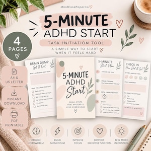以下が含まれることがあります： 「5-Minute ADHD Start」と題された4ページのタスク開始ツール。印刷可能なPDFには、ブレインダンプシート、スタートプラン、チェックインページが含まれており、ベージュ、グリーン、ピンクのソフトな色調の抽象的な図形とチェックボックスが配置されています。