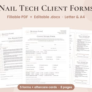 Peut inclure: Formulaires pour technicien ongulaire comprenant une fiche de renseignements client, un formulaire de consentement pour vernis gel et des cartes de soins après-vente. Fichiers PDF remplissables et .docx modifiables, formats A4 et Letter.