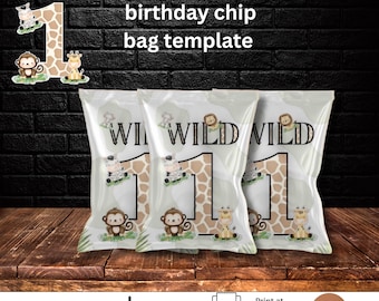 Editable Jungle Birthday Snack Bag Design, First Birthday, Canva Download